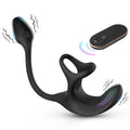 S-Hande black silicone dual-stimulation device with a remote control showing motion lines indicating vibration.
