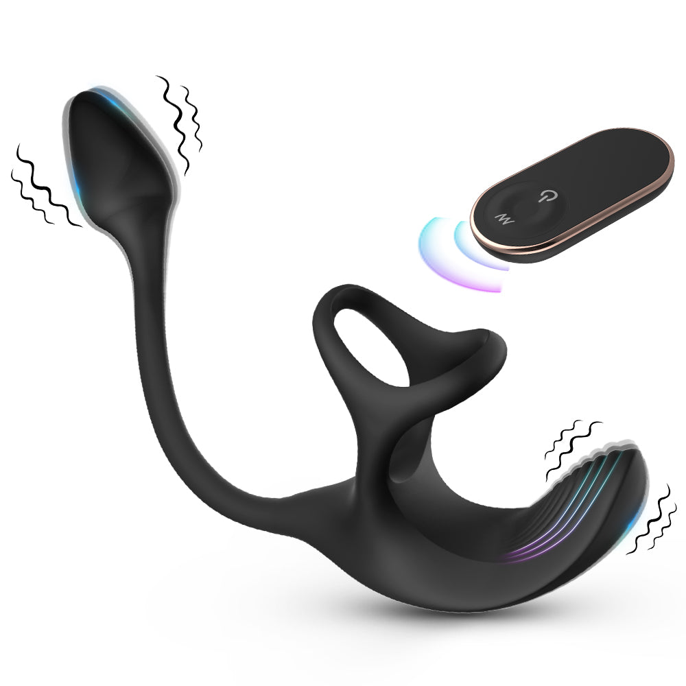 S-Hande black silicone dual-stimulation device with a remote control showing motion lines indicating vibration.