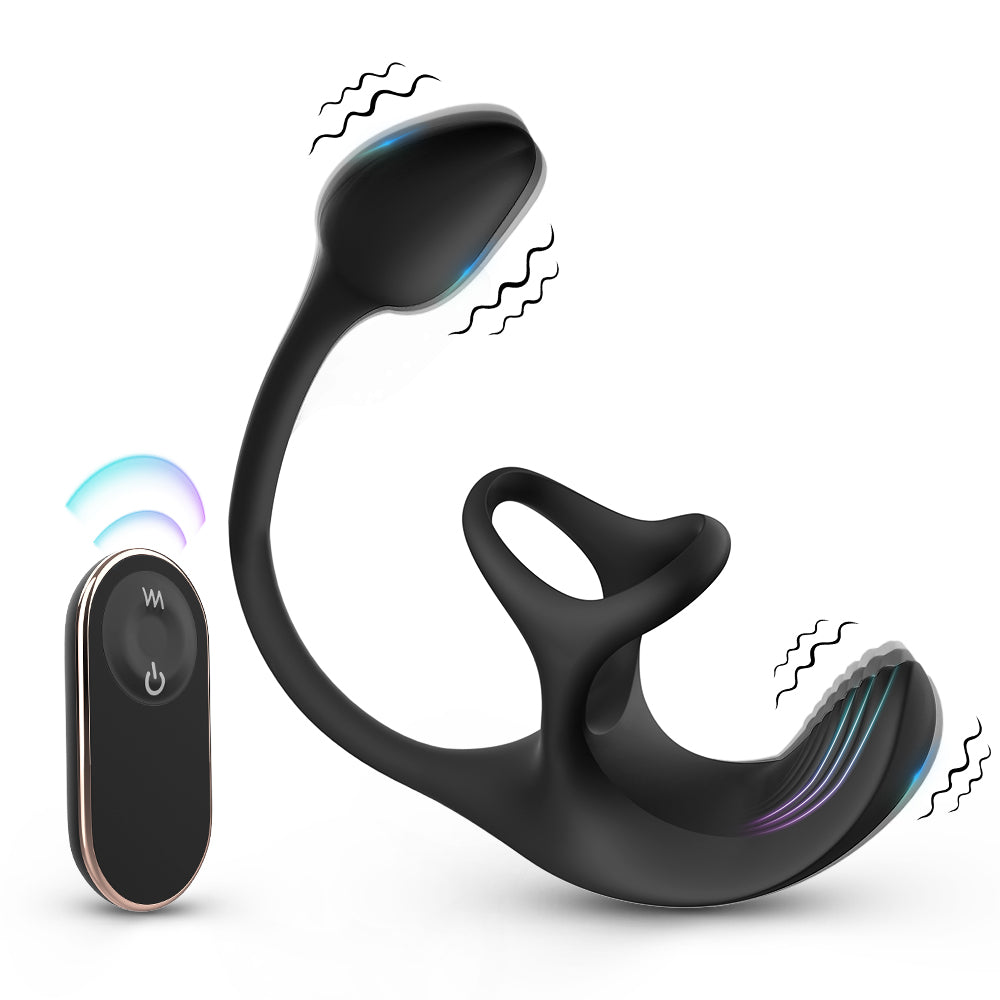 S-Hande black silicone vibrating device with dual motors an arched shaft ring attachment and a matching wireless remote control.