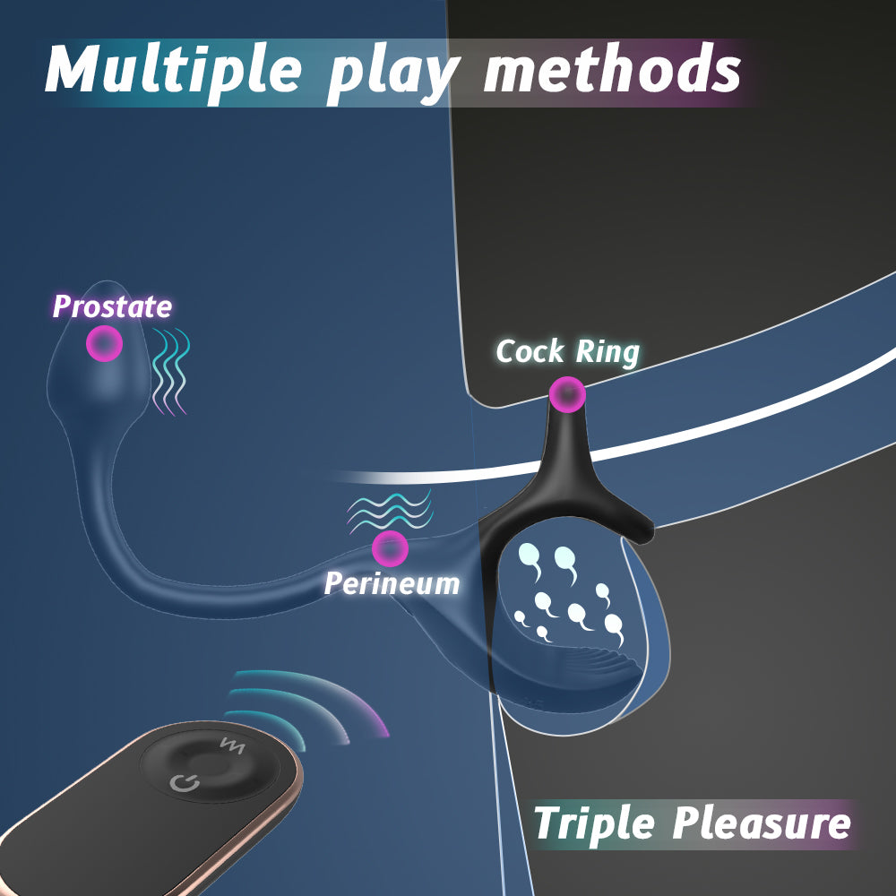 S-Hande black silicone dual-stimulation toy with a prostate probe perineum stimulator and cock ring shown with a wireless remote control.