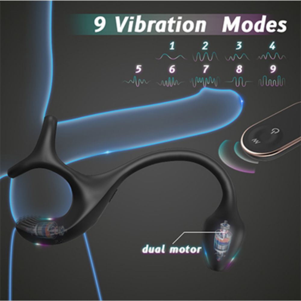 S-Hande black dual-motor silicone device with 9 vibration modes and a wireless remote control.