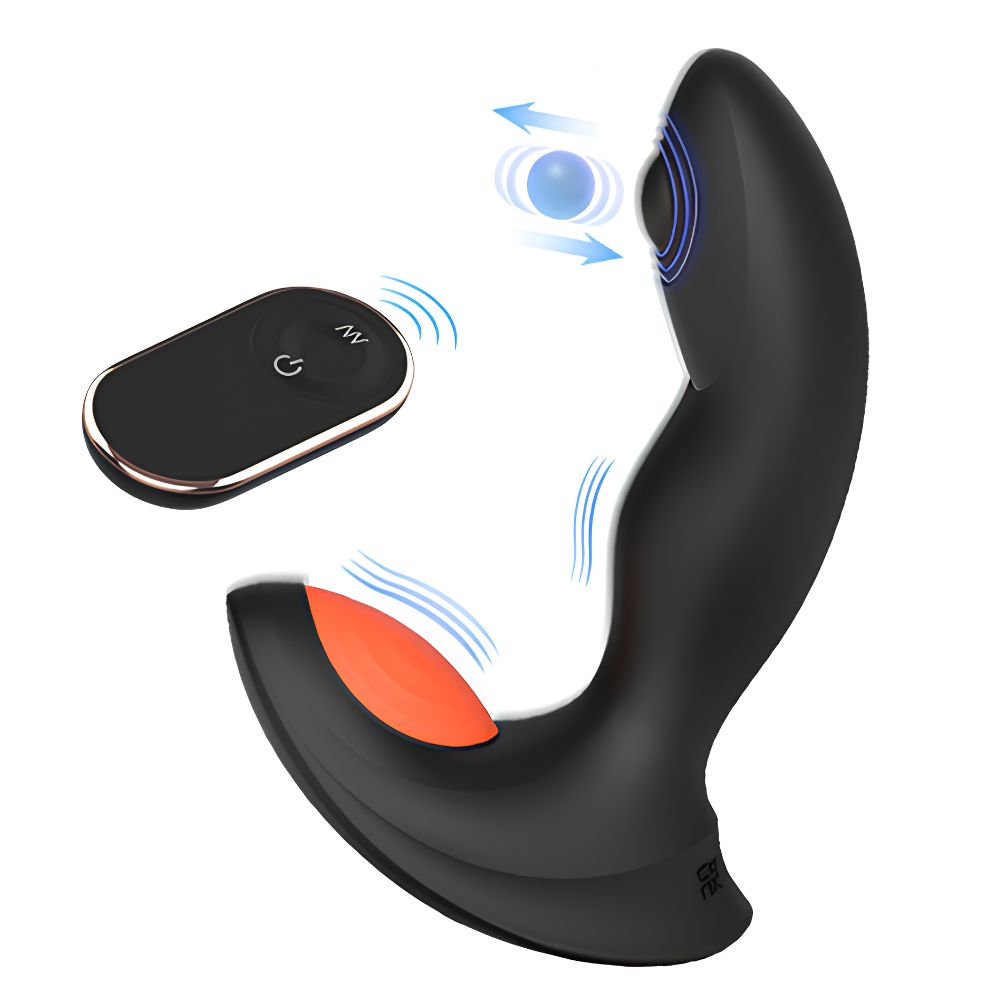 S-Hande black silicone massager with an orange accent curved shape and a matching black remote control with rose gold trim.