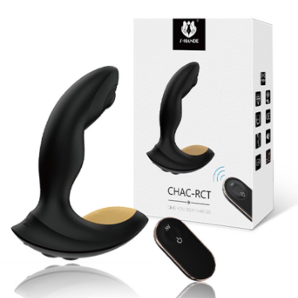 S-Hande black curved massager with gold accents and wireless remote displayed in front of its white product packaging box