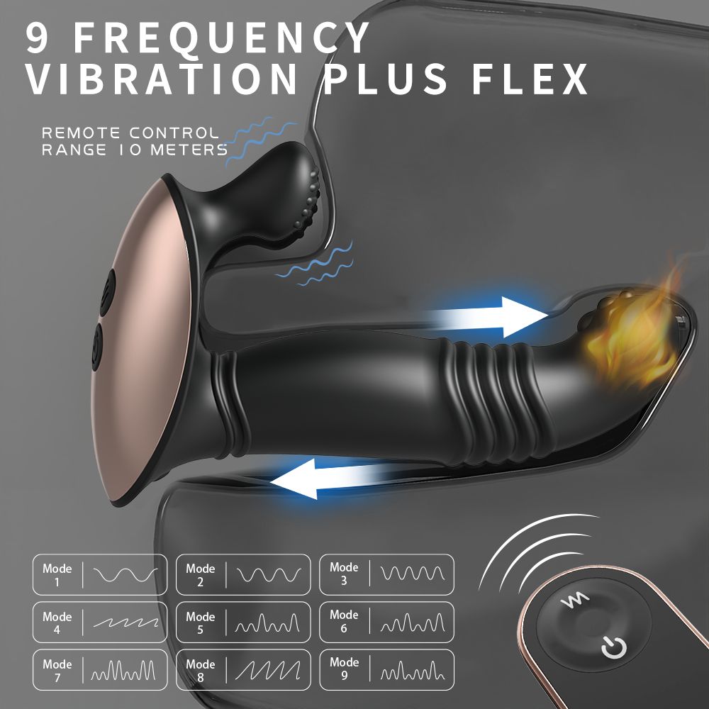 Diagram showing 9 vibration modes and remote control range of 10 meters for the thrusting vibrating prostate massager