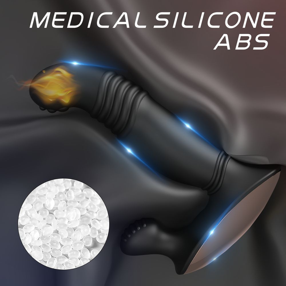 Close-up of prostate massager with heating feature, silicone material, and visual flames indicating heat functionality