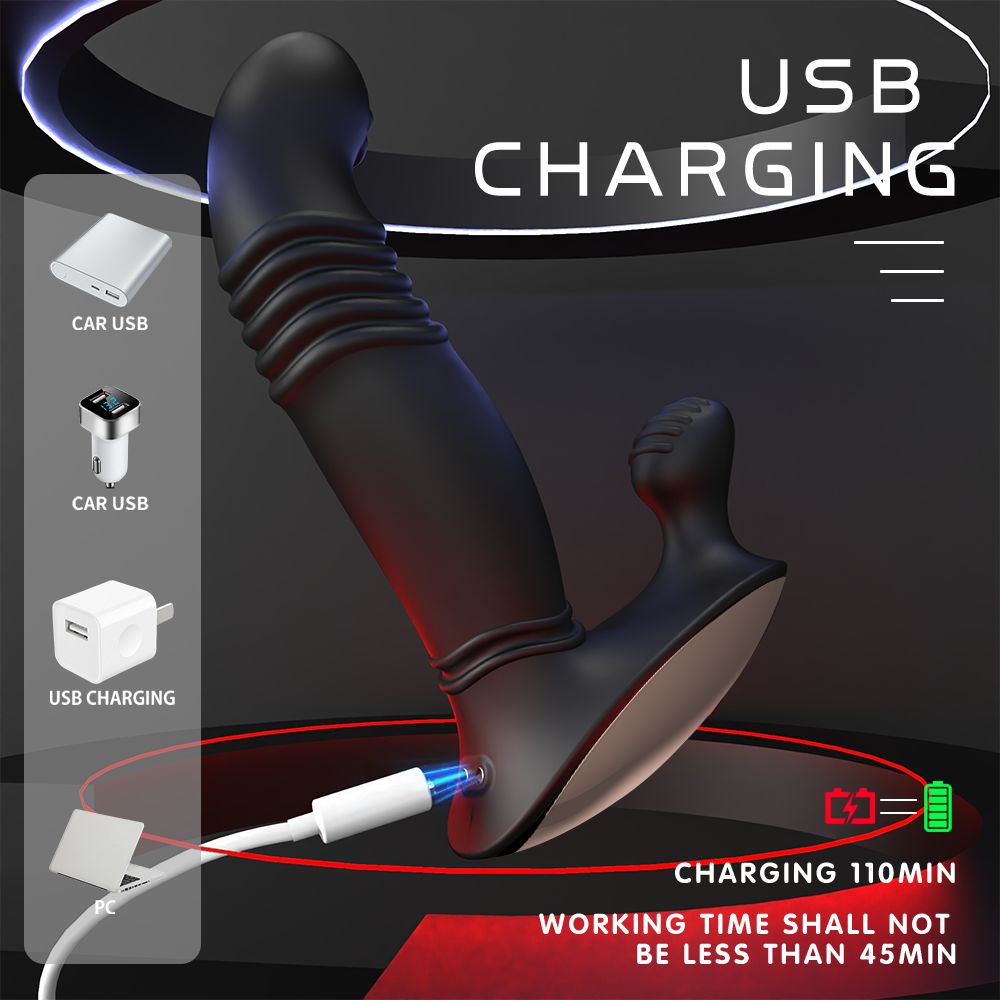 Thrusting prostate massager with USB charging port, black silicone body, and red charging indicator light