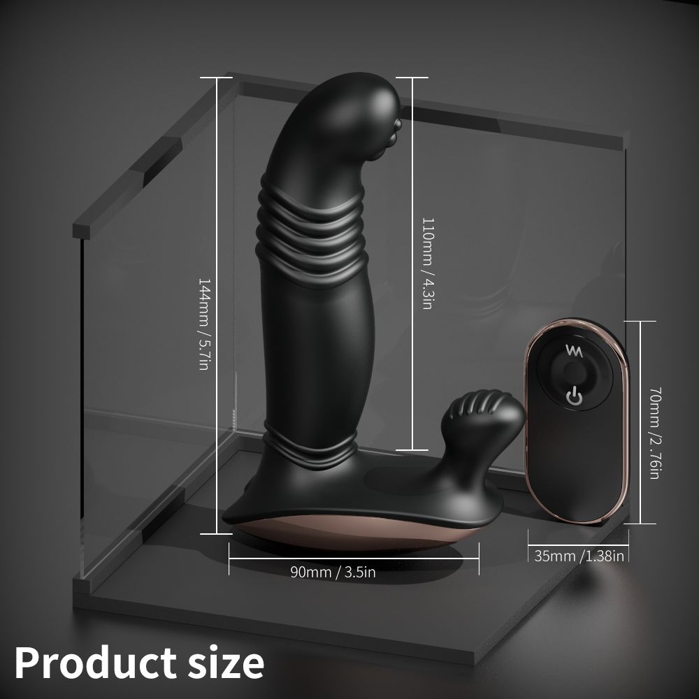 Black prostate massager with thrusting and vibrating features, 110mm length, 90mm width, remote control included, adult toy