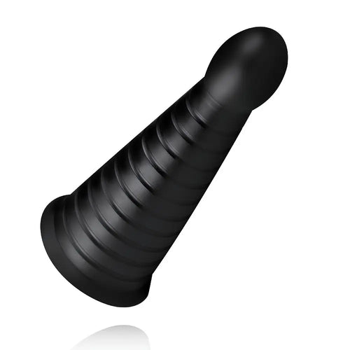 Black tapered ribbed toy with a rounded tip and flared base.
