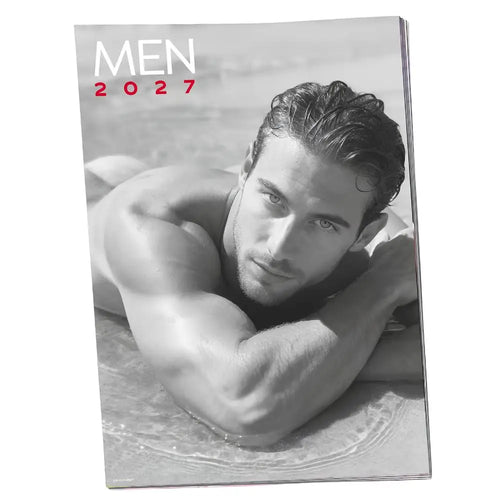 Gray calendar cover marked Men 2027 with a black-and-white portrait.