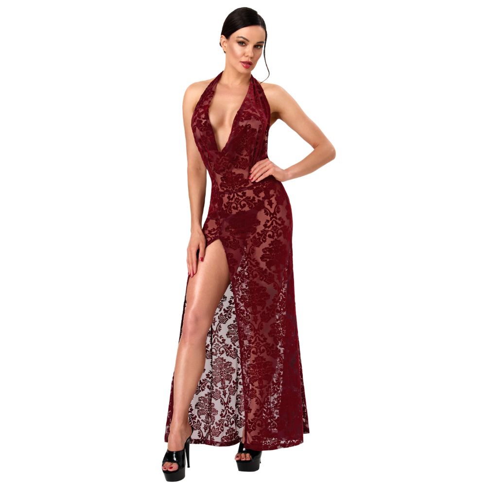 Noir Masquerade Lace Gown Dress Burgundy S