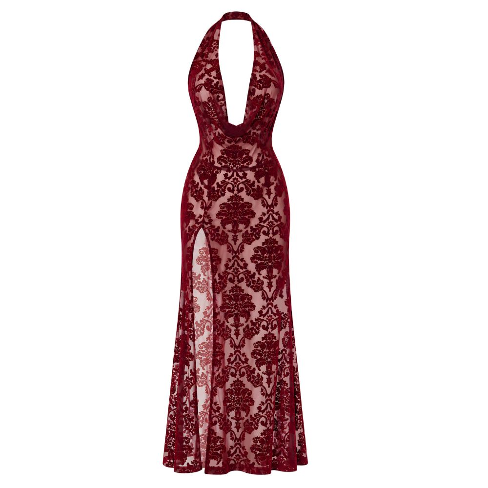 Noir Masquerade Lace Gown Dress Burgundy S
