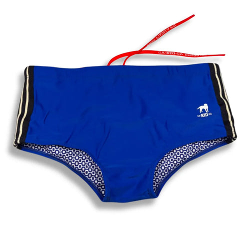 Blue swim briefs with a red drawstring and dark side trim.