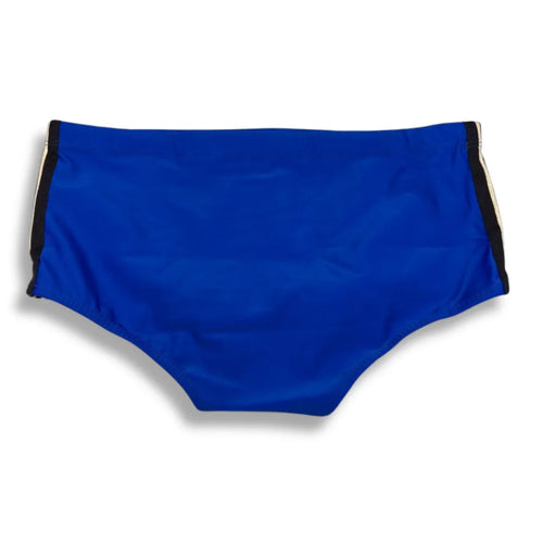 Blue swim briefs displayed flat with the back facing up.