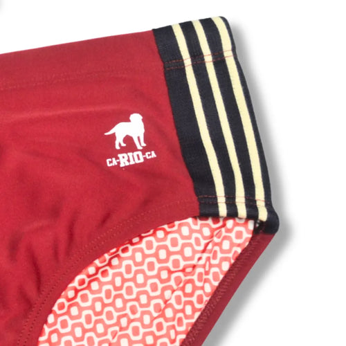 Close view of red briefs with black and pale striped trim and a patterned lining.