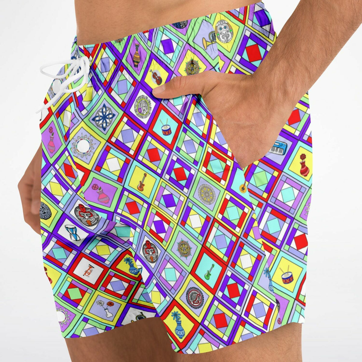 Maris Equi Retro Mod Geometric Diamond Print Swim Trunks for Men