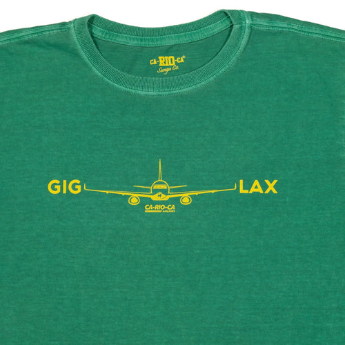 Green T-shirt with a yellow aeroplane graphic and lettering.