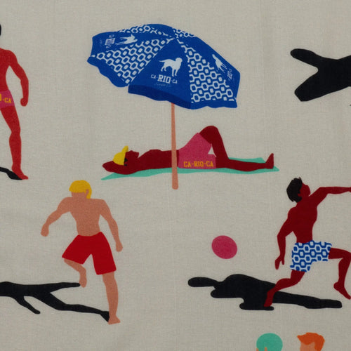 Printed beach illustration with people, an umbrella and a ball.