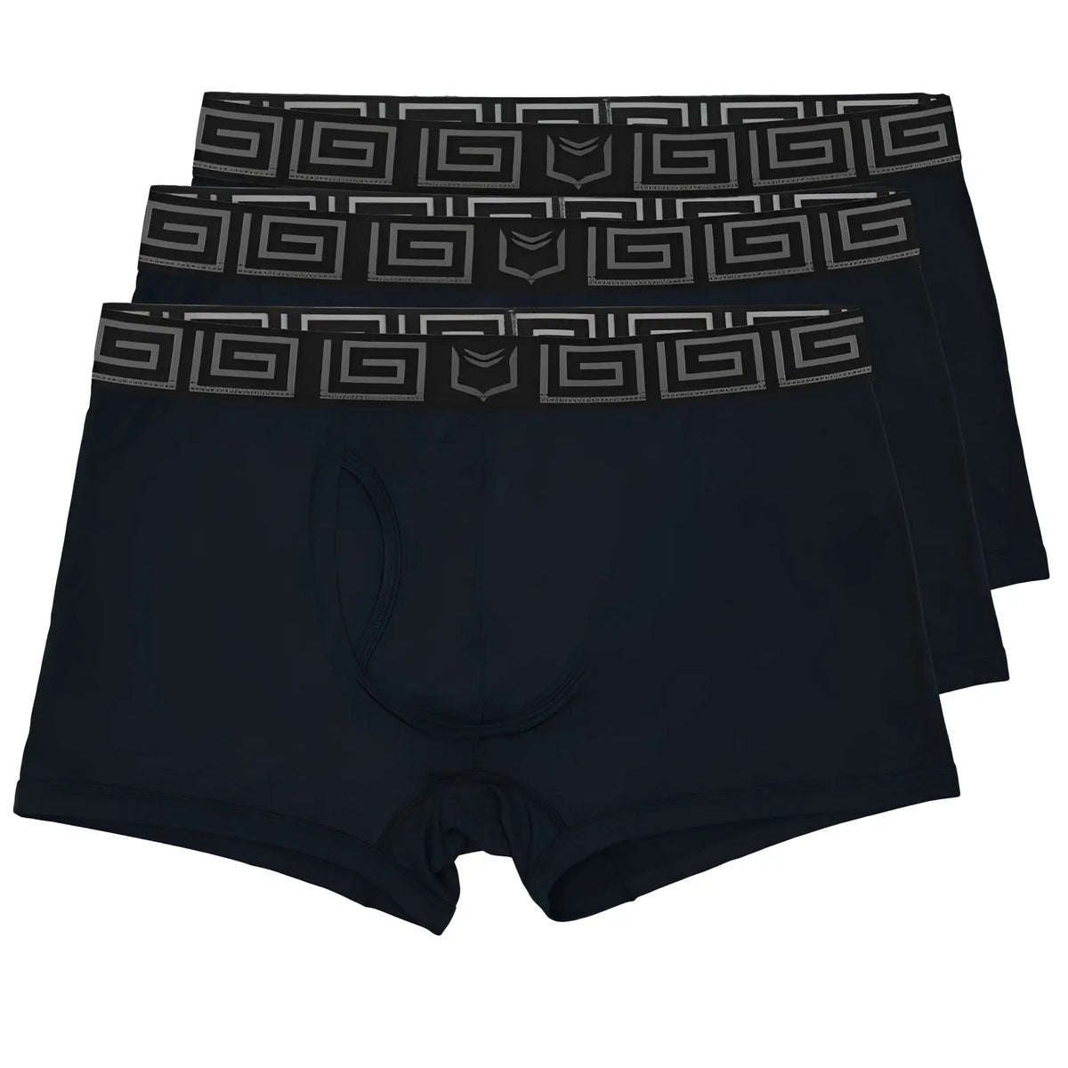 Shea 2.1 bamboo menâ€™s dual pouch trunks black boxer briefs with gray geometric patterned waistband