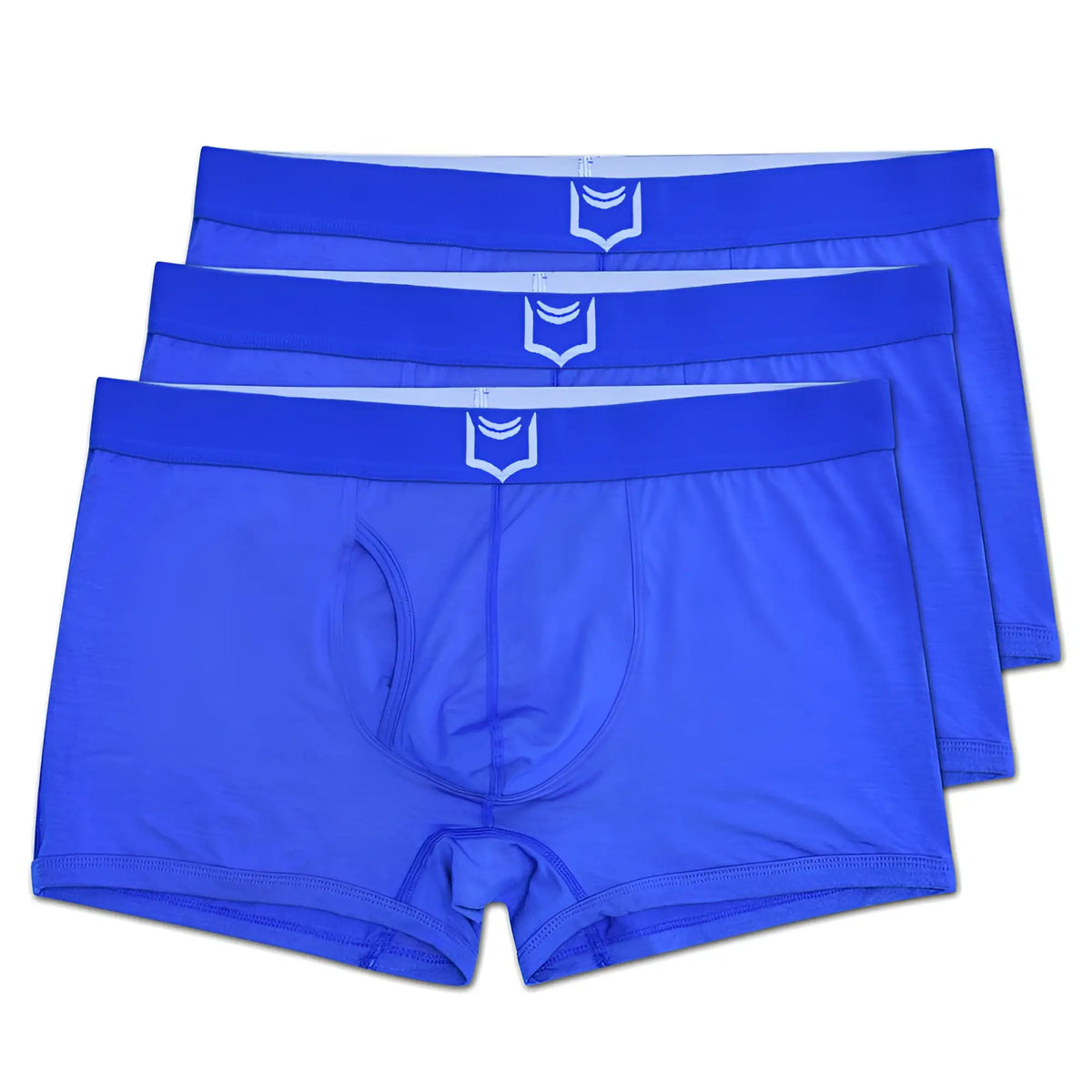 Bright blue sheath 2.1 dual pouch trunks with white shield logo on waistband designed for comfort and support