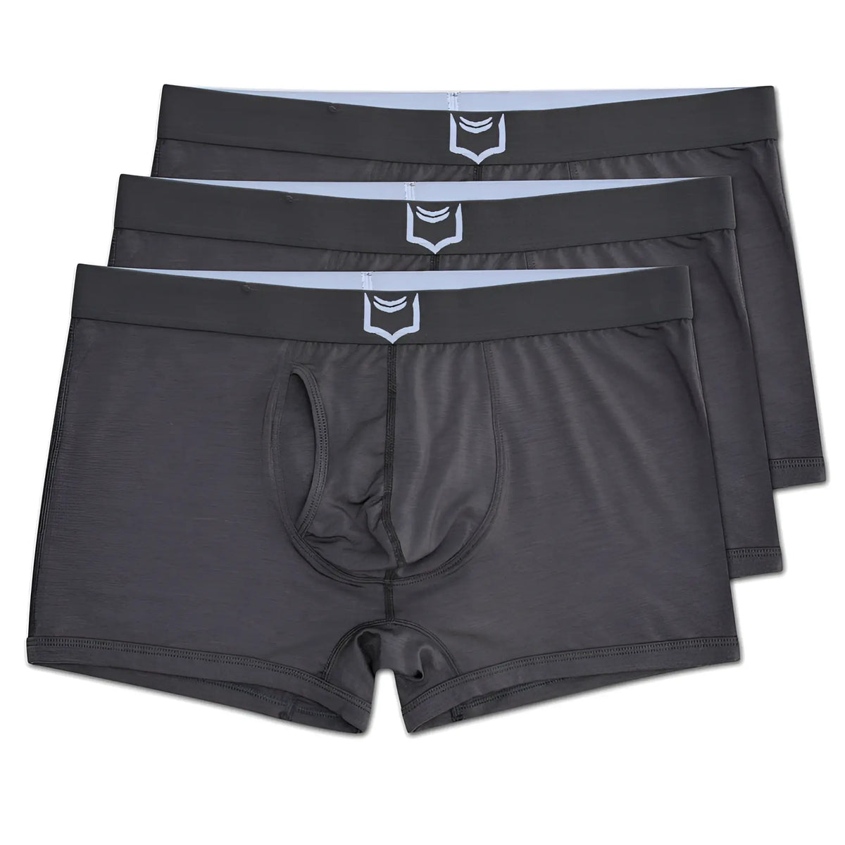 Dark gray menâ€™s sheath 2.1 dual pouch trunks with a white shield logo on the waistband in a 3 pack bundle