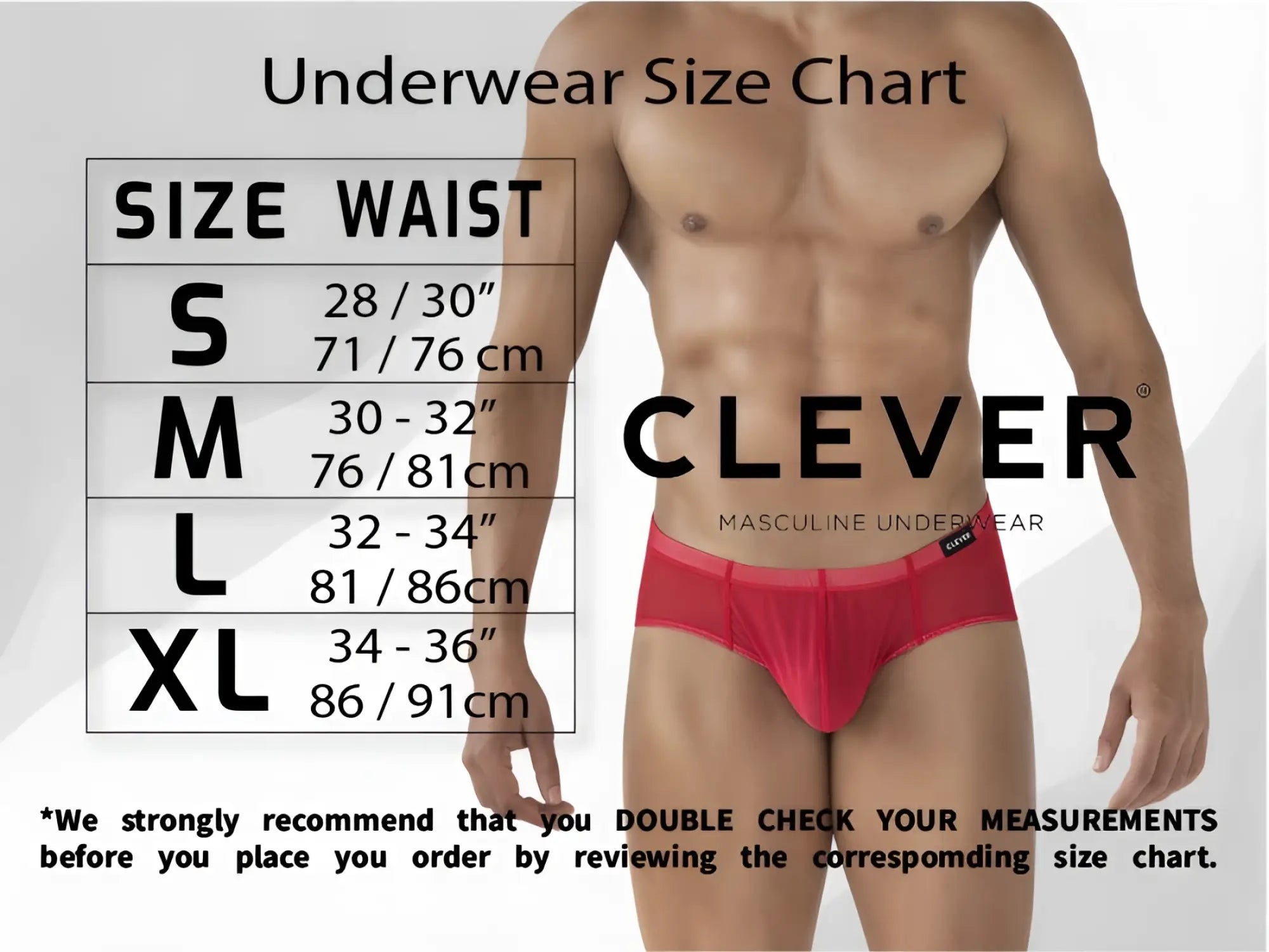 Clever 26014 Apolo Trunks in orange. Front view of model wearing trunks next to a size chart.