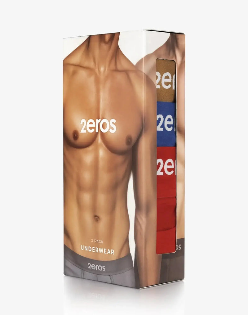 The 2eros 3-pack morpheus brief underwear set includes brown blue and red boxer briefs in a sleek rectangular box