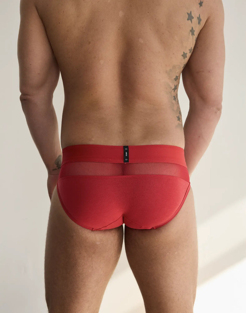 Red 2EROS Morpheus brief underwear with sheer mesh panel and black brand tag on the waistband front side