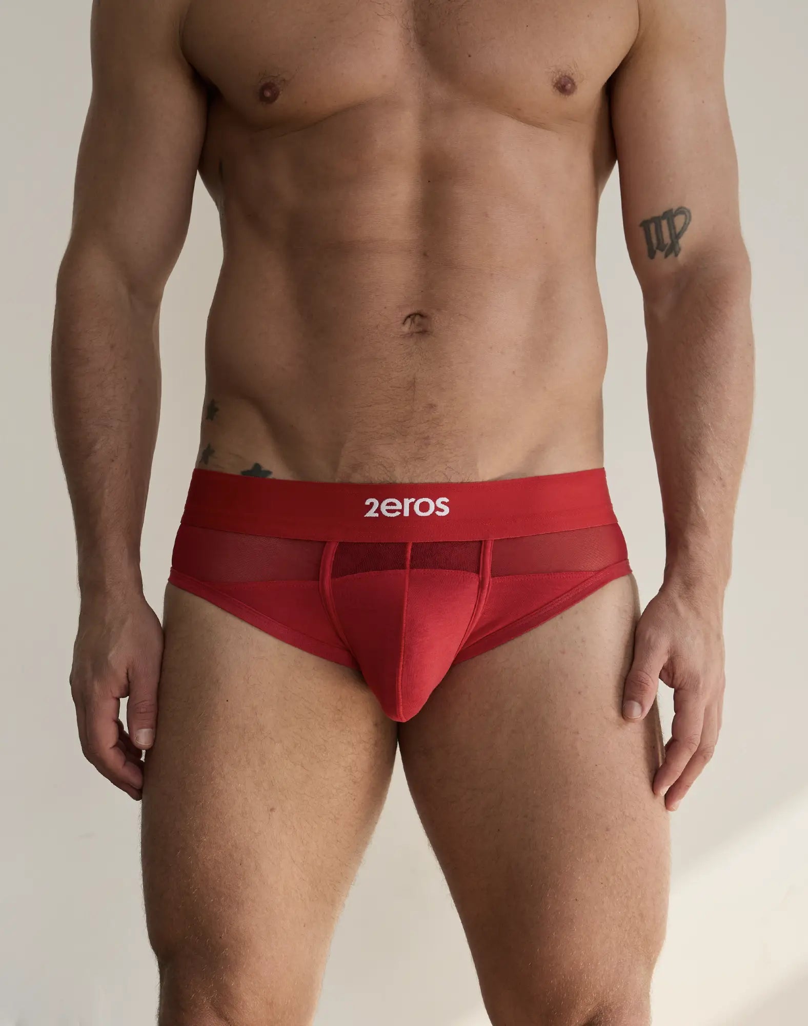 Red 2eros morpheus brief underwear featuring sheer mesh panel and solid fabric in a 3-pack set