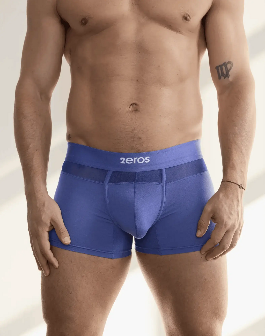 Blue 2eros mens boxer briefs with mesh waistband and supportive design in a 2eros 3 pack morpheus trunk underwear