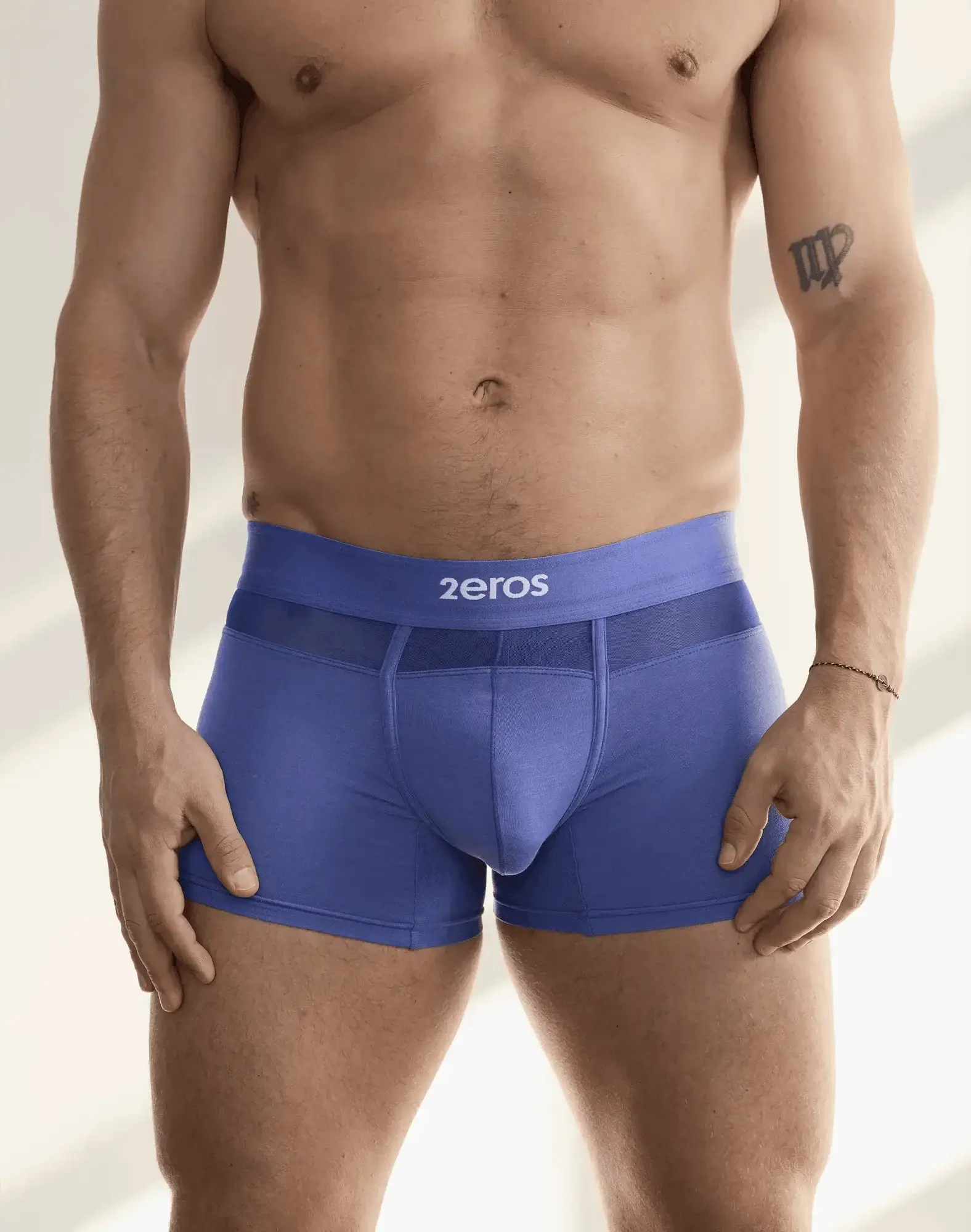 Blue 2eros mens boxer briefs with mesh waistband and supportive design in a 2eros 3 pack morpheus trunk underwear