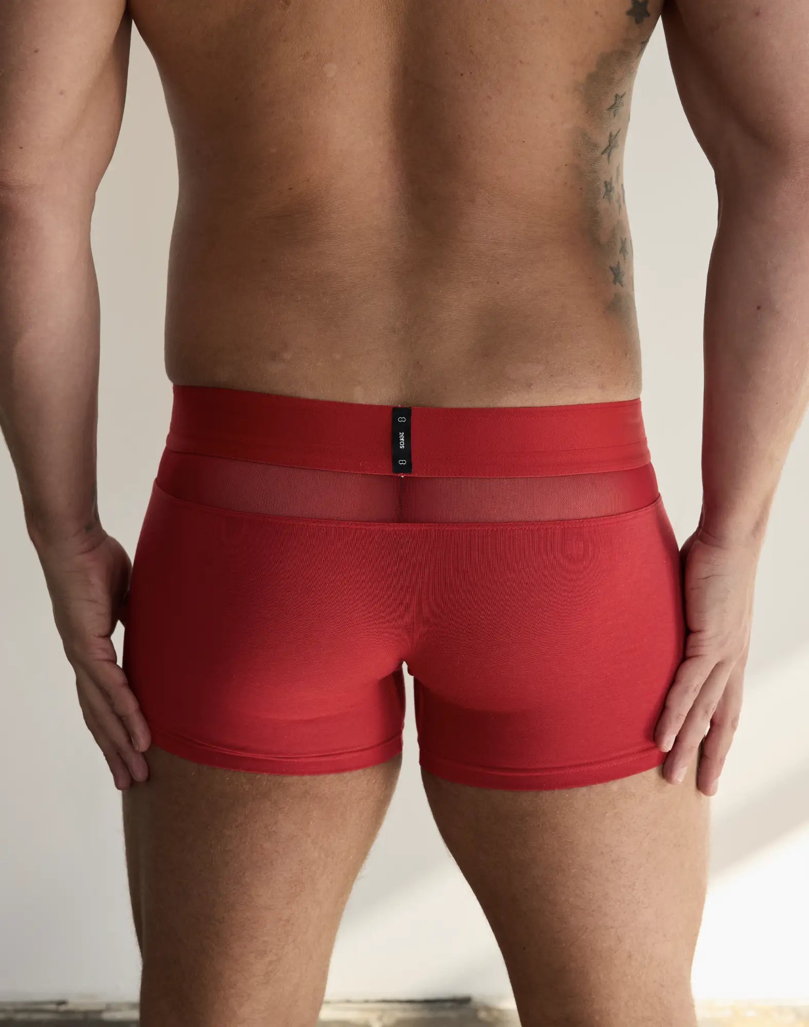 Red 2EROS Morpheus trunk underwear back showing sheer mesh panel and black brand tag in athletic briefs style