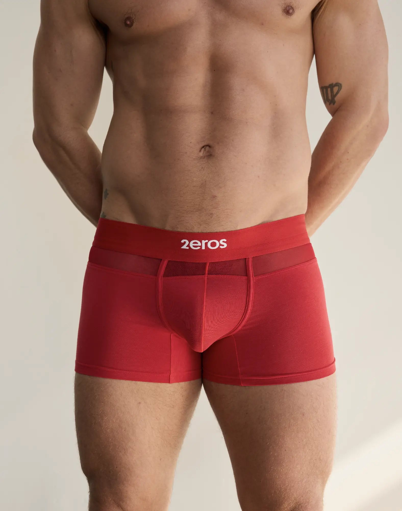Red 2eros men’s boxer briefs with mesh panel and solid fabric from 2eros 3-pack morpheus trunk underwear
