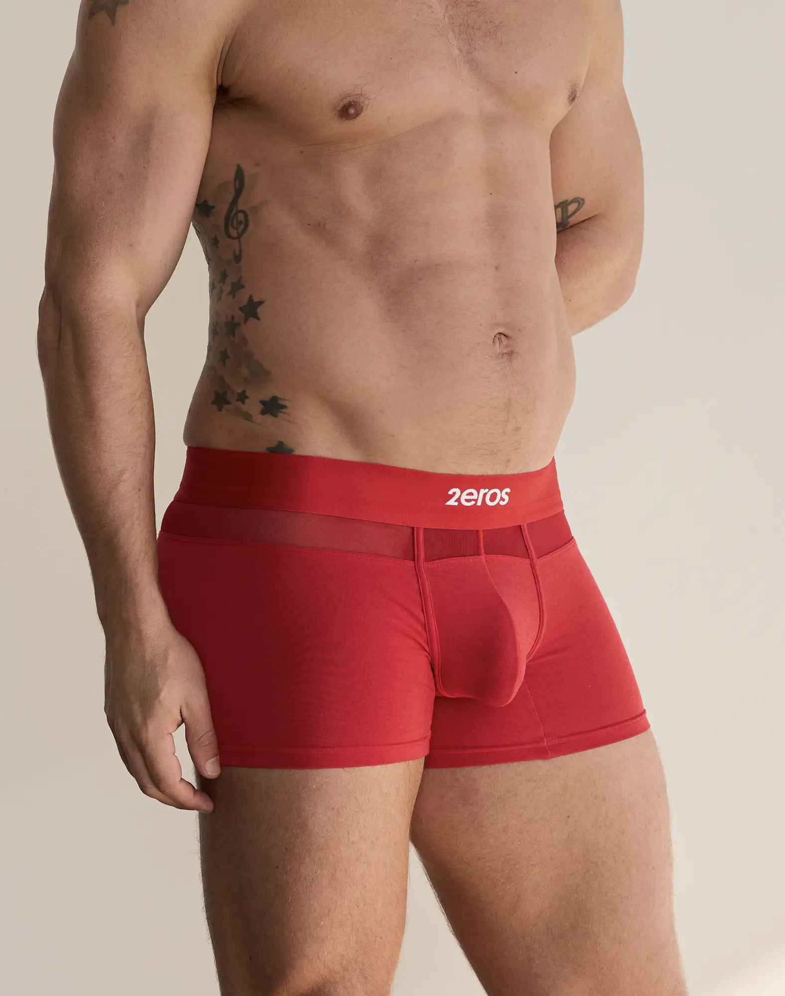 Red men’s boxer briefs with transparent mesh panel and 2eros waistband from 2EROS 3-pack morpheus trunk underwear