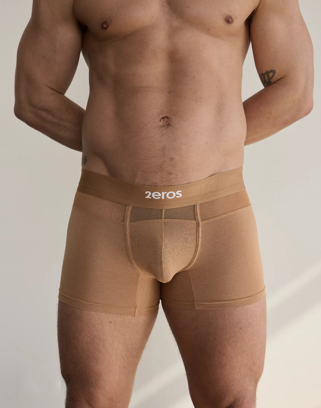 Tan form-fitting 2eros Morpheus trunk underwear with mesh panel and logo waistband in 3-pack set
