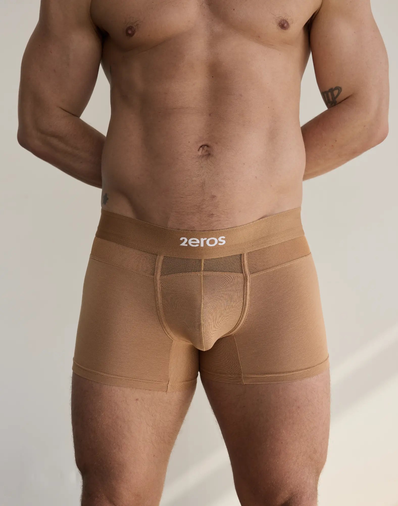 Tan form-fitting 2eros Morpheus trunk underwear with mesh panel and logo waistband in 3-pack set