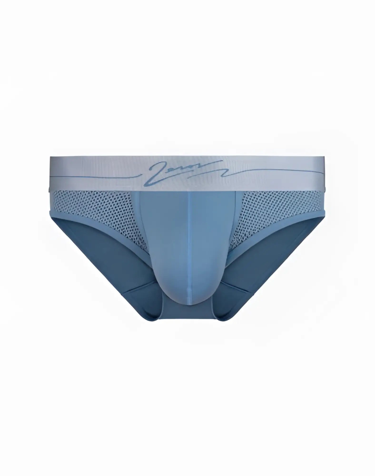 Blue 2eros aktiv boreas brief underwear with mesh and solid fabric design and light gray zenn waistband in faded denim