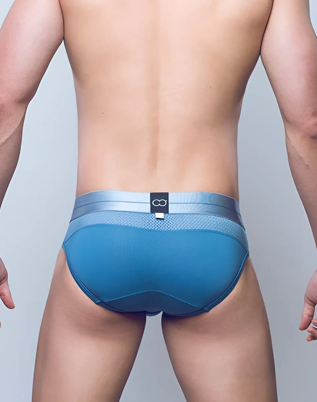 2EROS AKTIV Boreas brief underwear in faded denim blue mesh with silver waistband and black logo tag