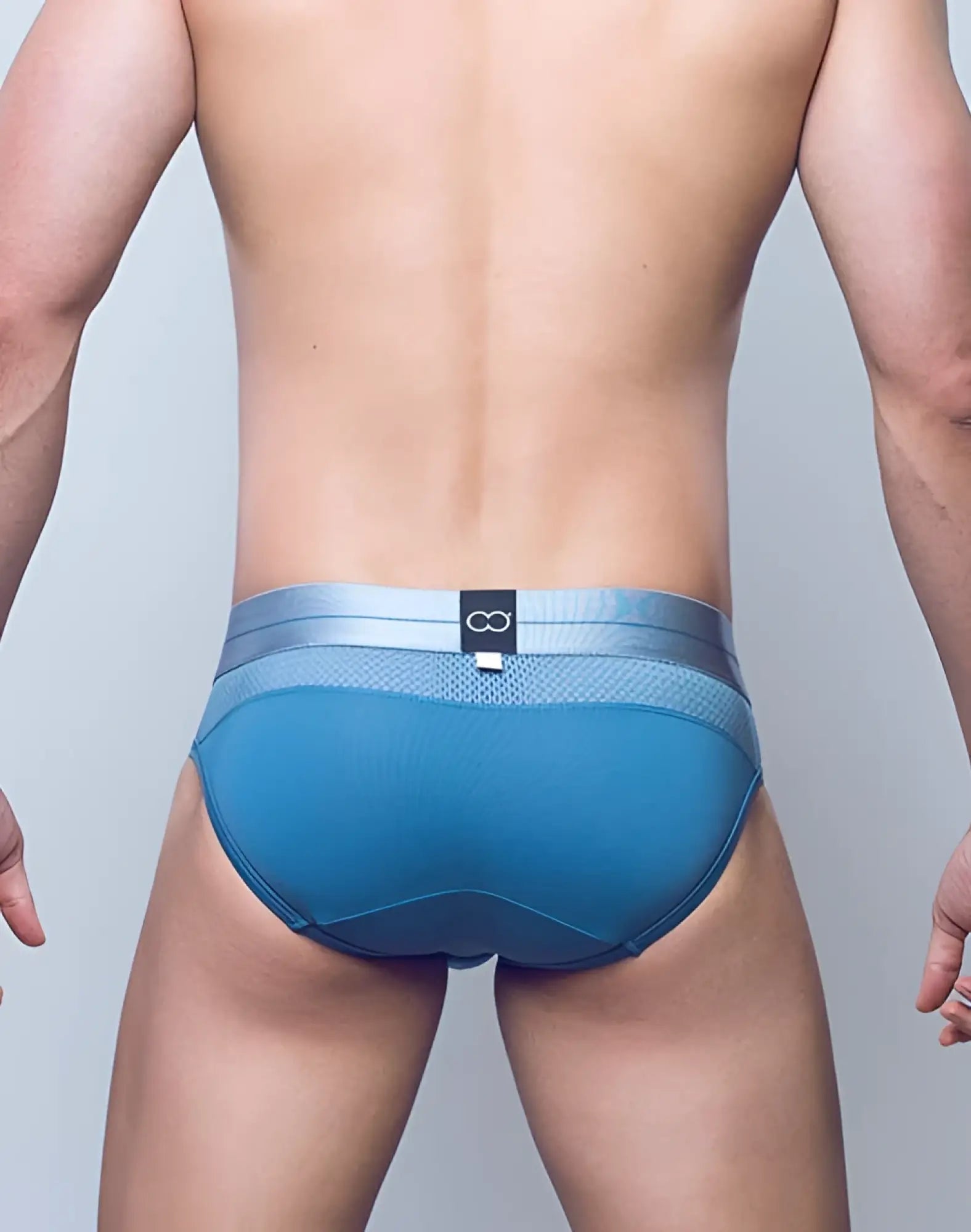 2EROS AKTIV Boreas brief underwear in faded denim blue mesh with silver waistband and black logo tag