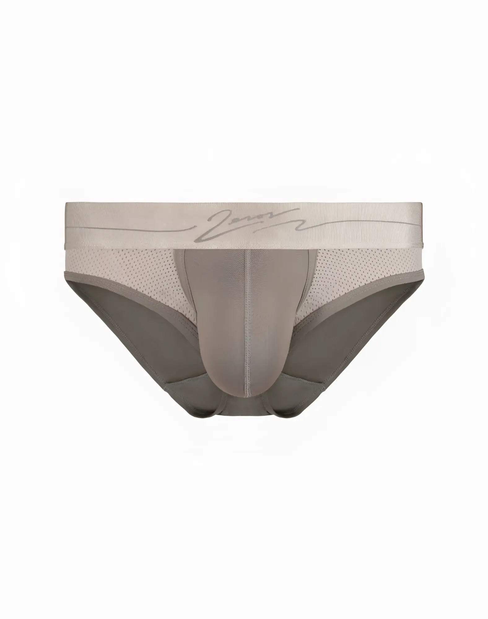 Beige and gray 2EROS AKTIV Boreas brief underwear with mesh panel and vince cursive waistband in string brown color