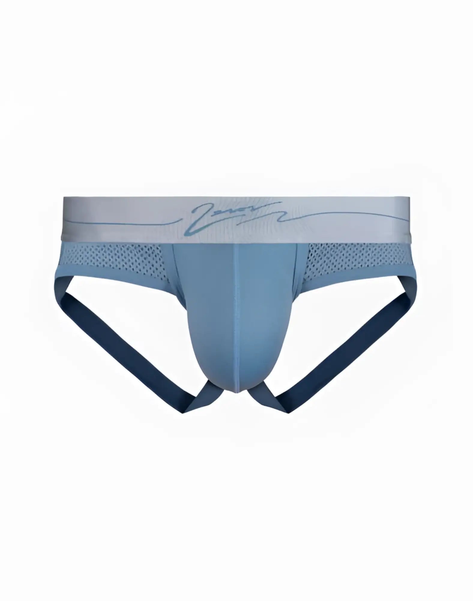Light blue and navy blue 2eros aktiv boreas athletic briefs with mesh waistband and embroidered signature