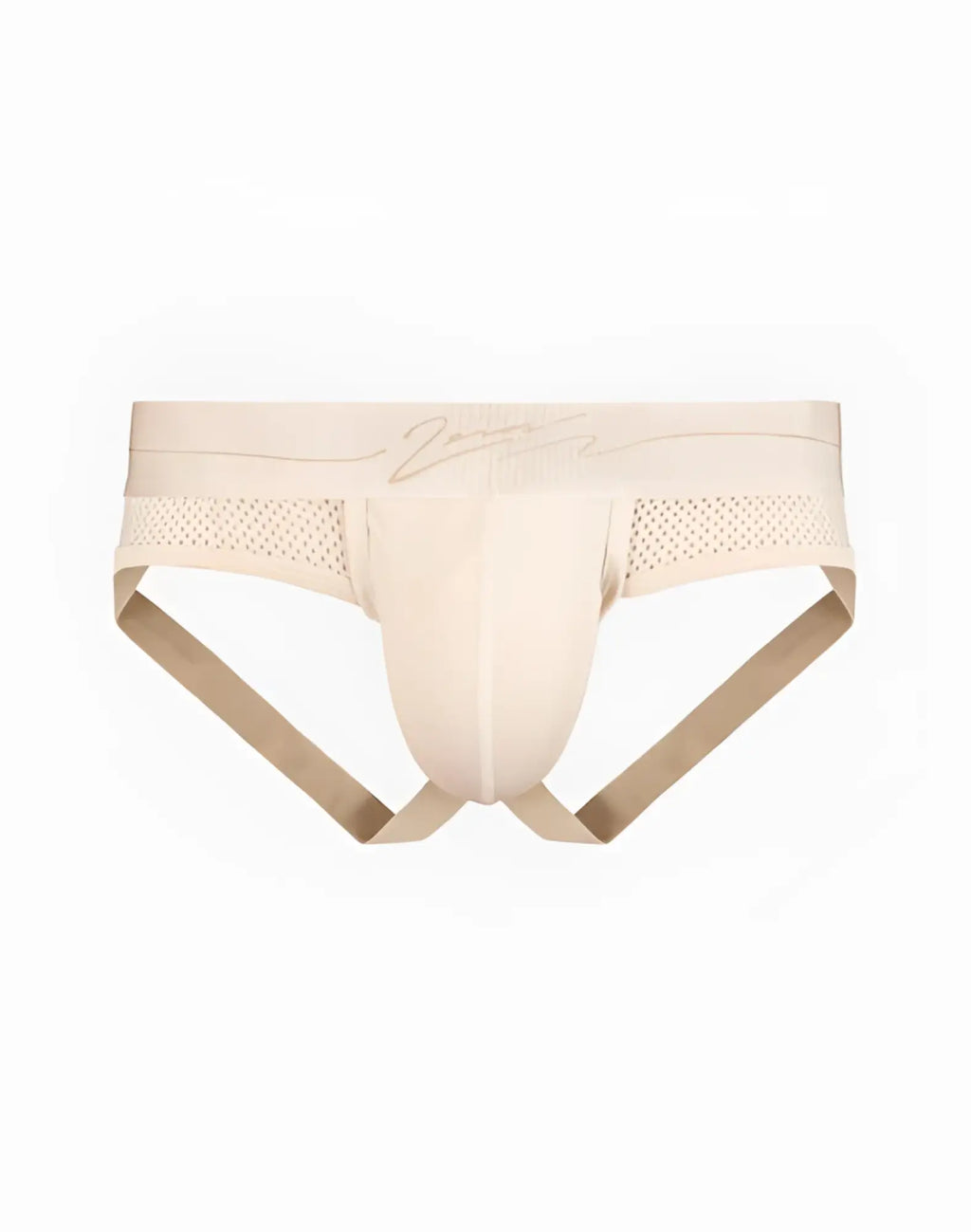 Beige mesh and solid fabric briefs with subtle 2EROS brand logo on waistband in whitecap gray color