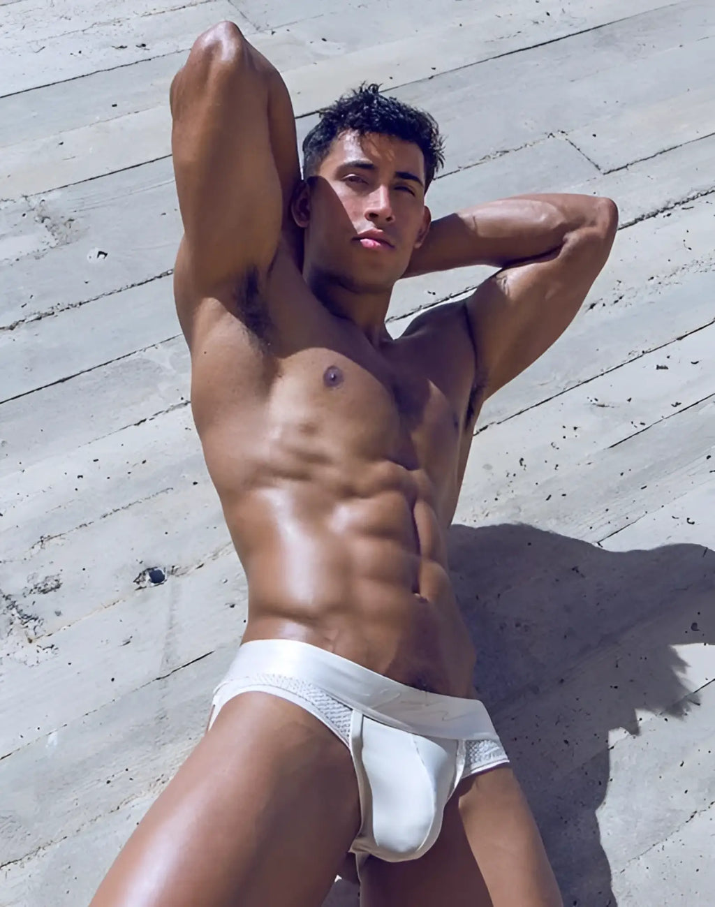 White mesh briefs with a solid white waistband from 2EROS AKTIV Boreas jockstrap underwear in Whitecap Gray