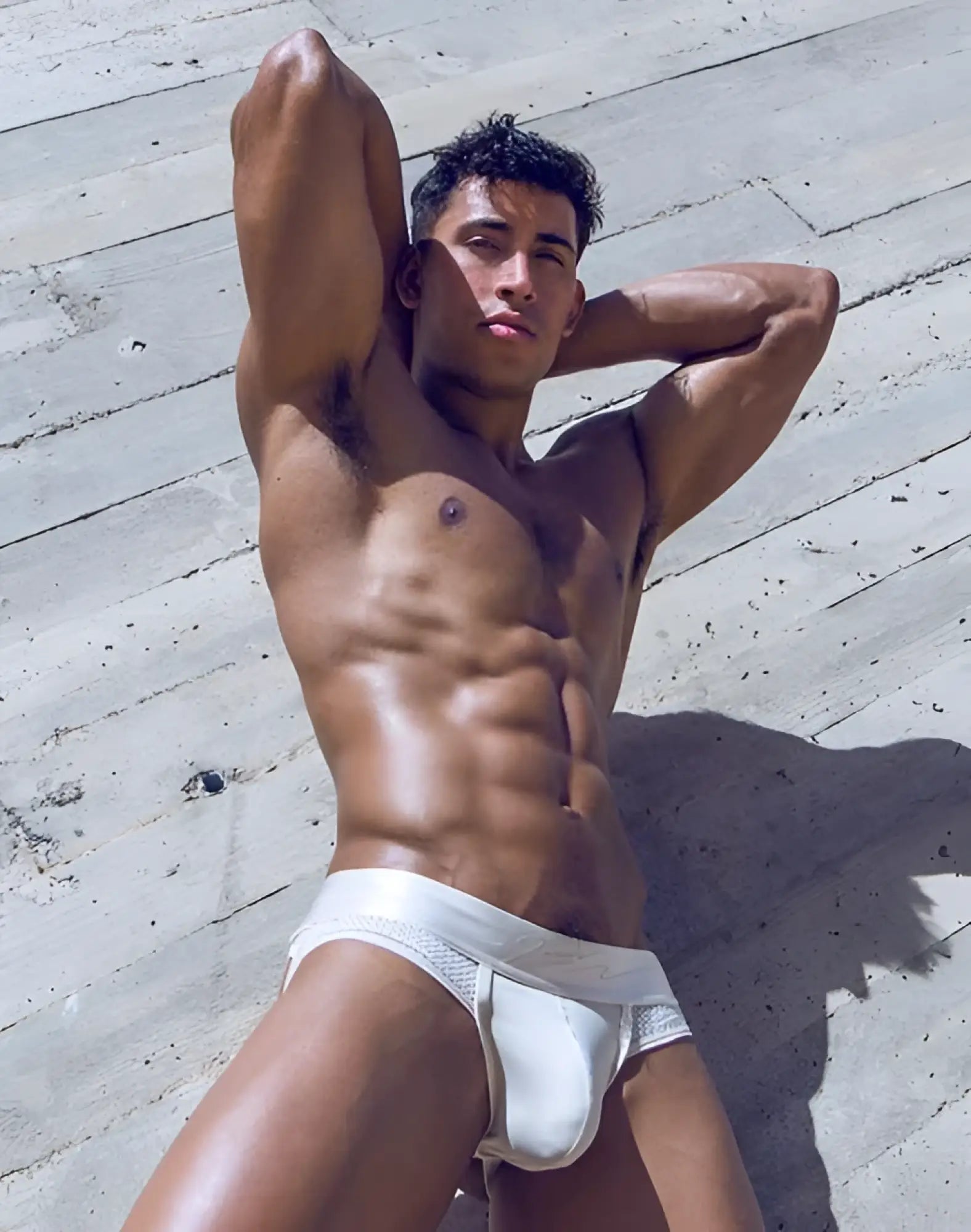 White mesh briefs with a solid white waistband from 2EROS AKTIV Boreas jockstrap underwear in Whitecap Gray