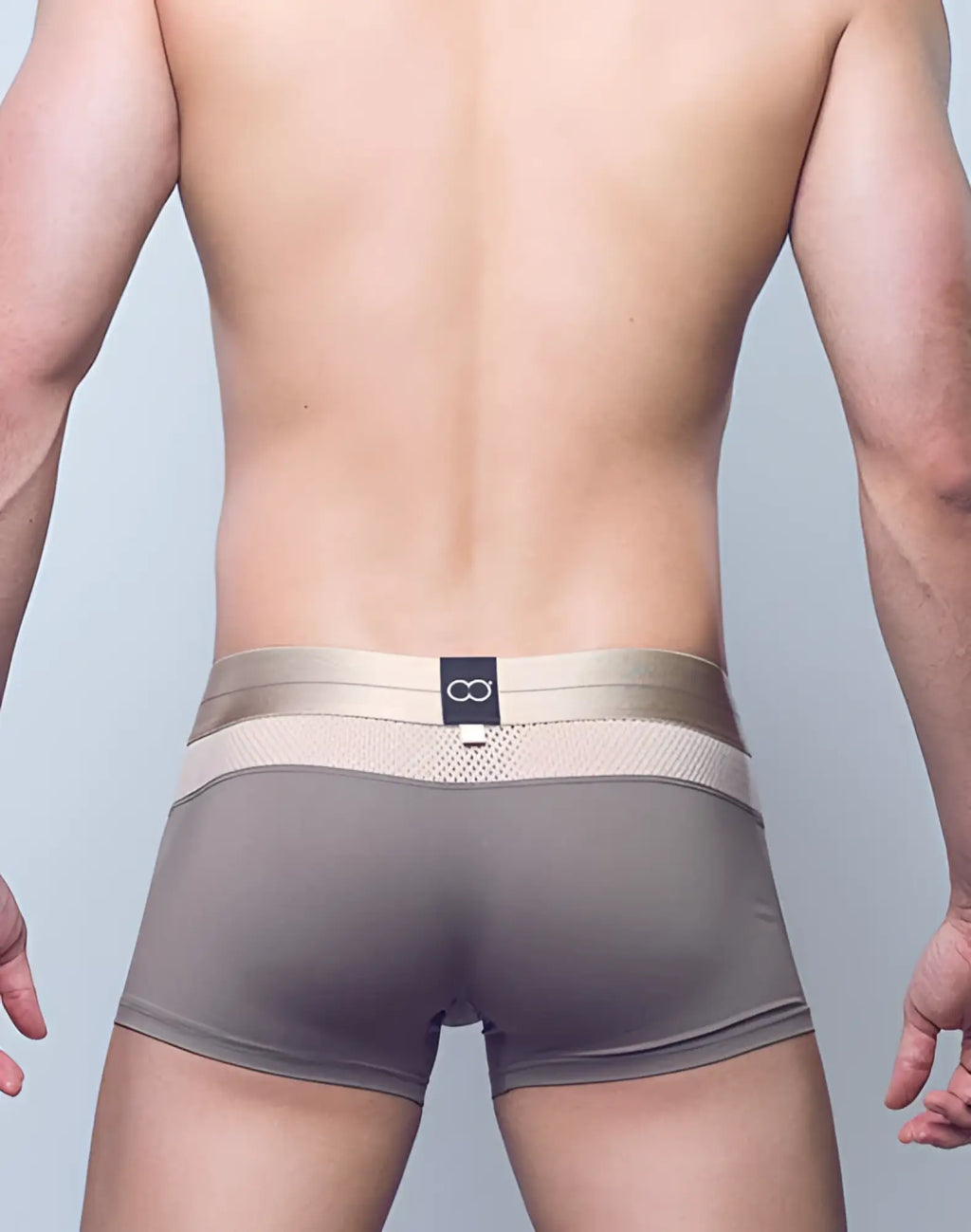 Beige and gray 2EROS AKTIV Boreas trunk underwear with mesh waistband and infinity logo tag in string brown color