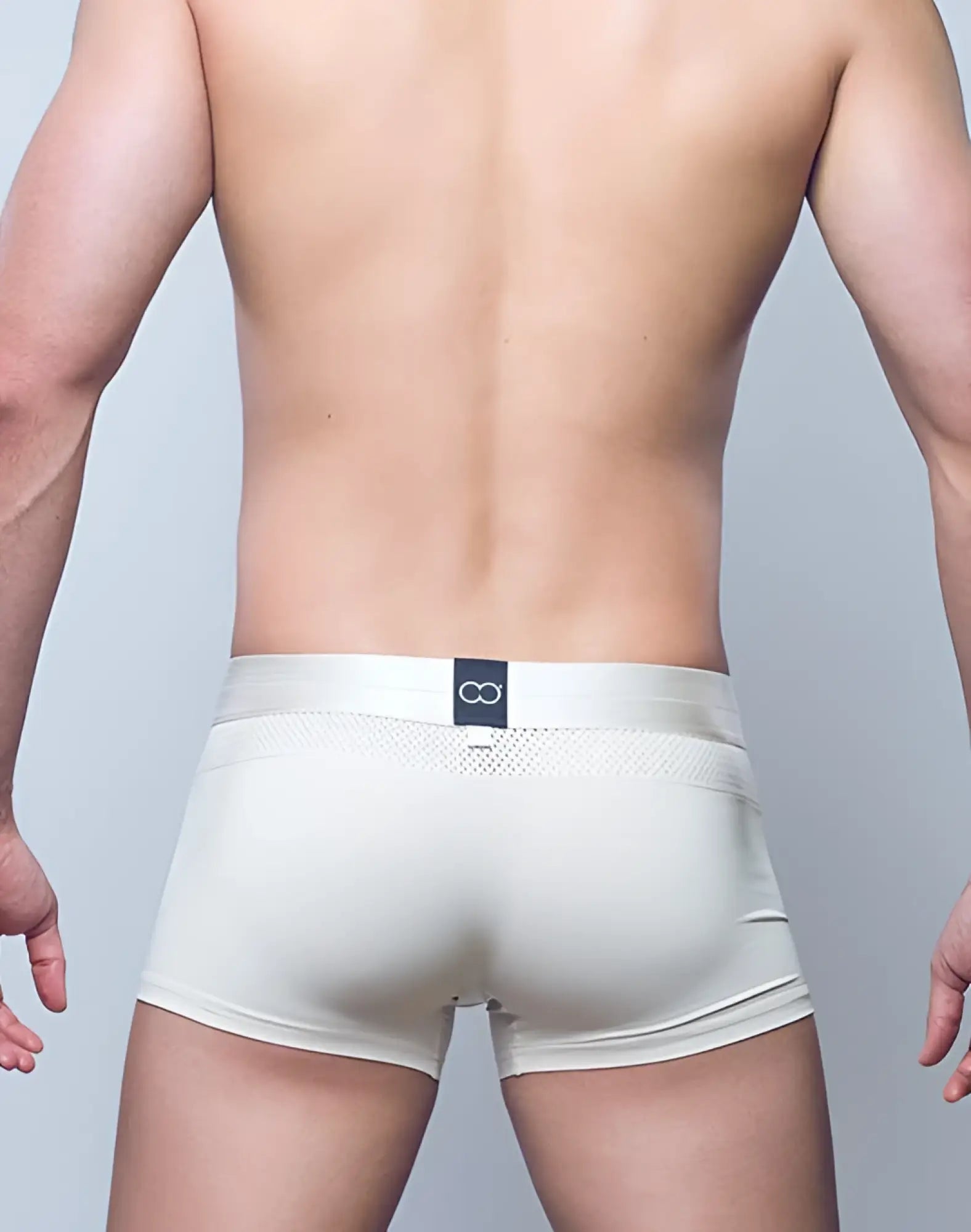Cream-colored 2eros aktiv boreas trunk underwear with mesh panel and black logo tag at waistband in whitecap gray