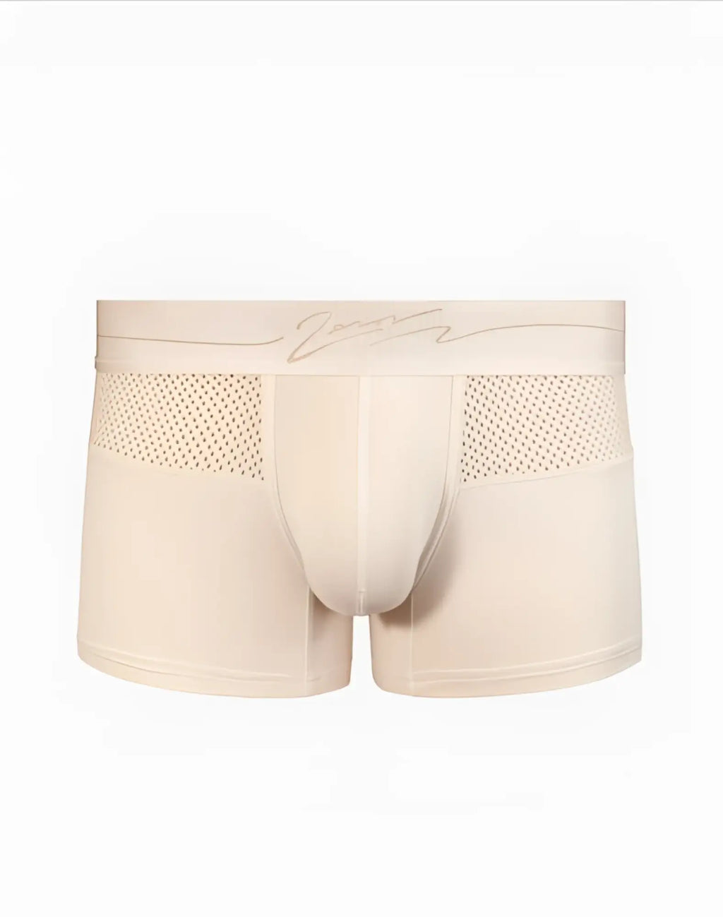 Cream-colored 2eros aktiv boreas trunk underwear with mesh panels and embroidered logo on the waistband in whitecap gray