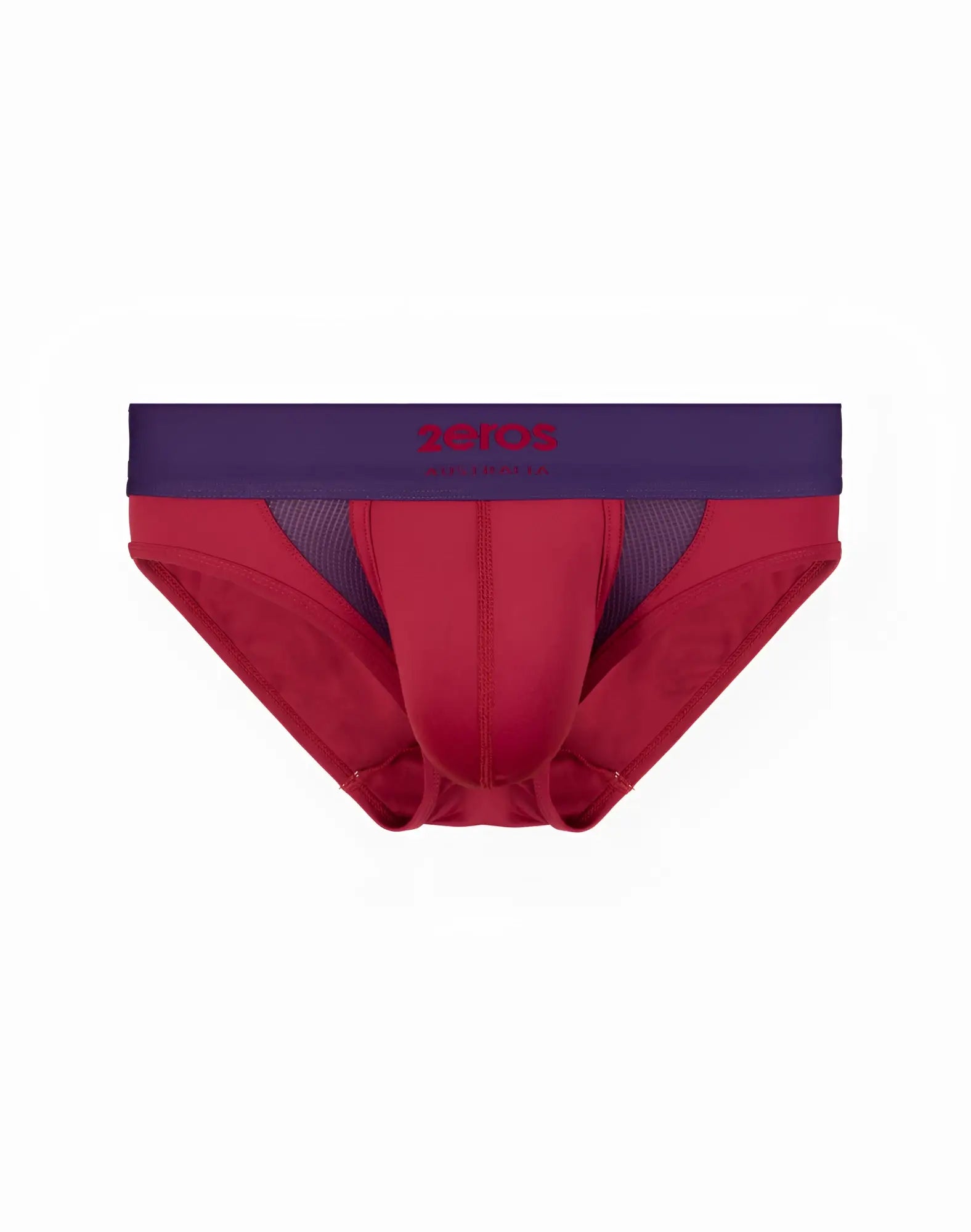 2eros aktiv cronus brief underwear in beet red with red and purple mesh panels and zeros logo waistband