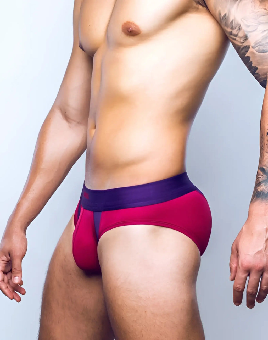2eros aktiv cronus brief underwear in beet red with red and purple fabric and satin-like waistband detail