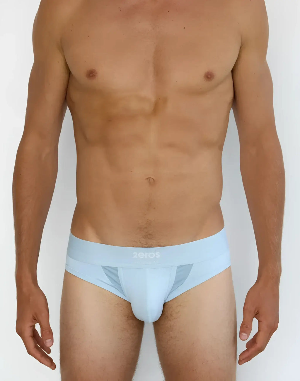 Light blue 2eros aktiv cronus brief underwear with subtle mesh side panel and white zeros waistband branding