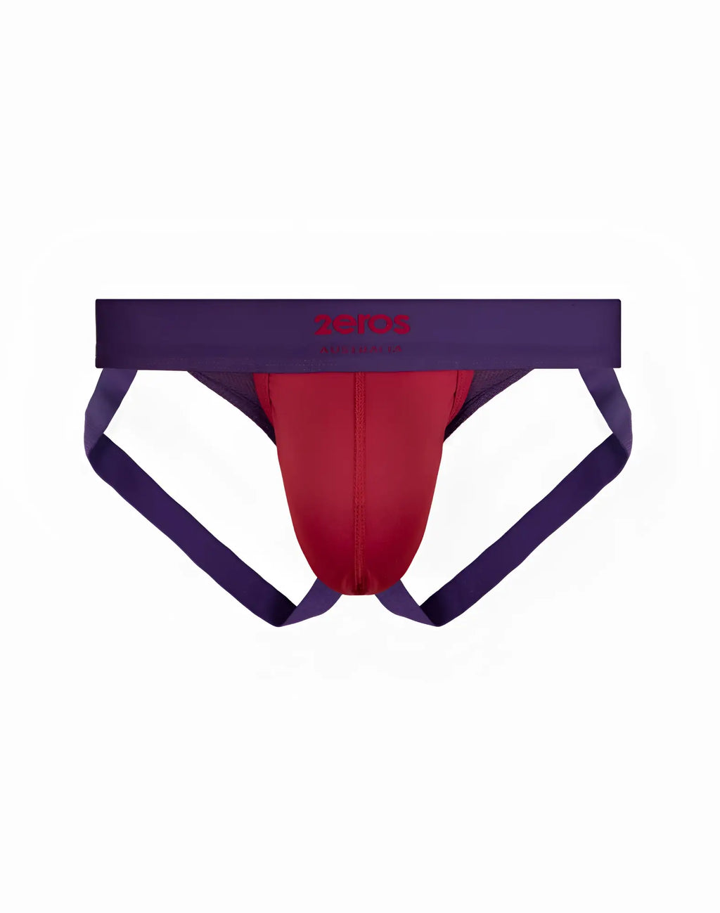 2eros aktiv cronus jockstrap underwear in beet red with red and purple briefs and central zipper featuring zeros logo